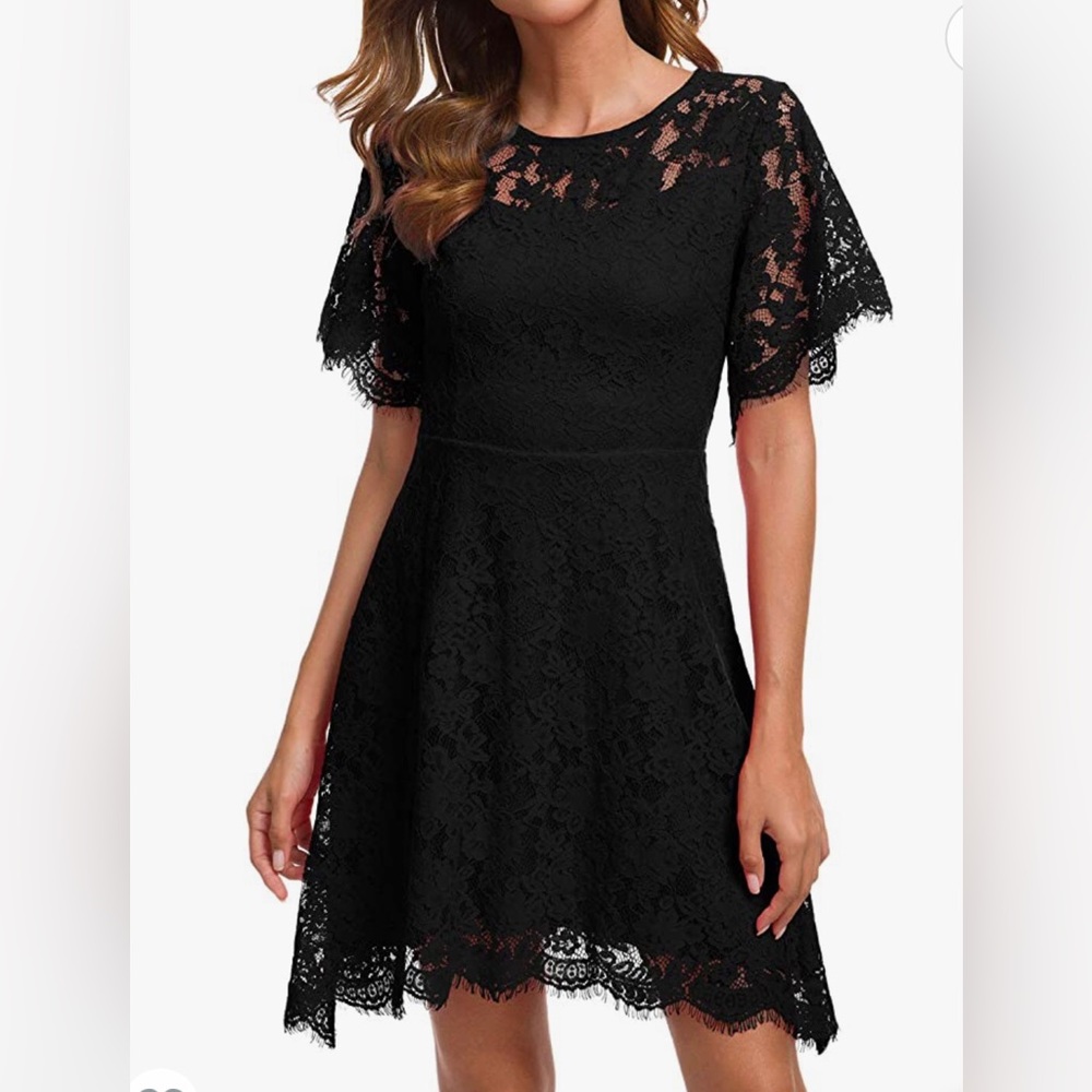 Women's Elegant Round Neck Short Sleeves  Floral Lace Cocktail Party Dres